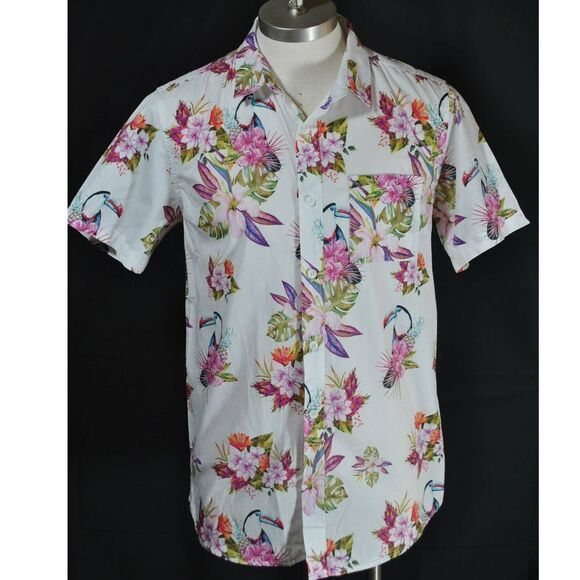 Pac Sun White Pink Green Floral Short Sleeve Shirt - M - Picture 1 of 4